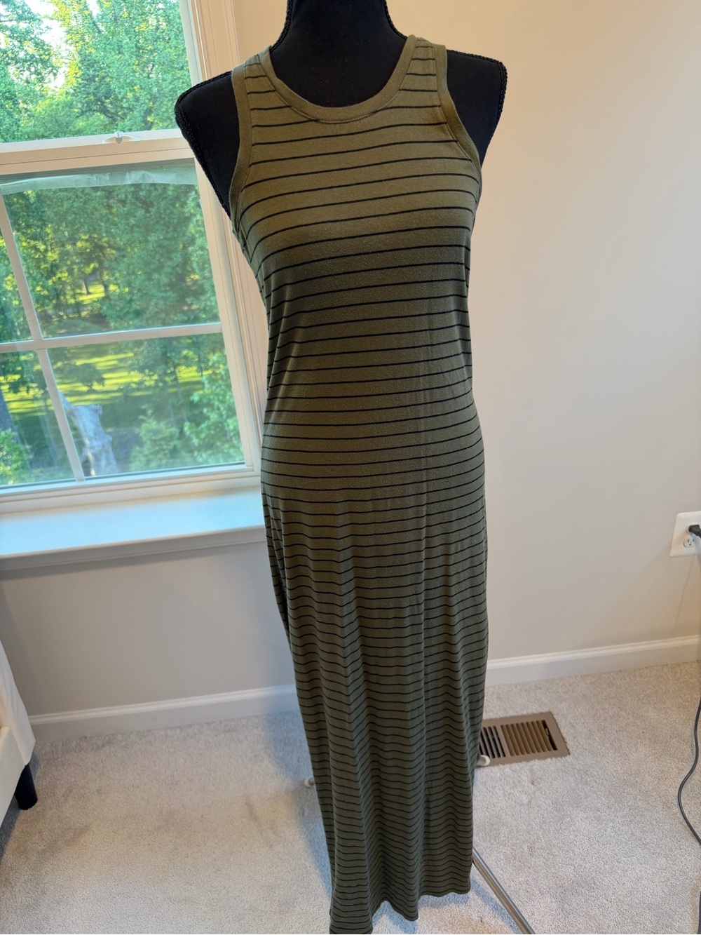 Express Olive Green and Black Striped Racerback Maxi Dress